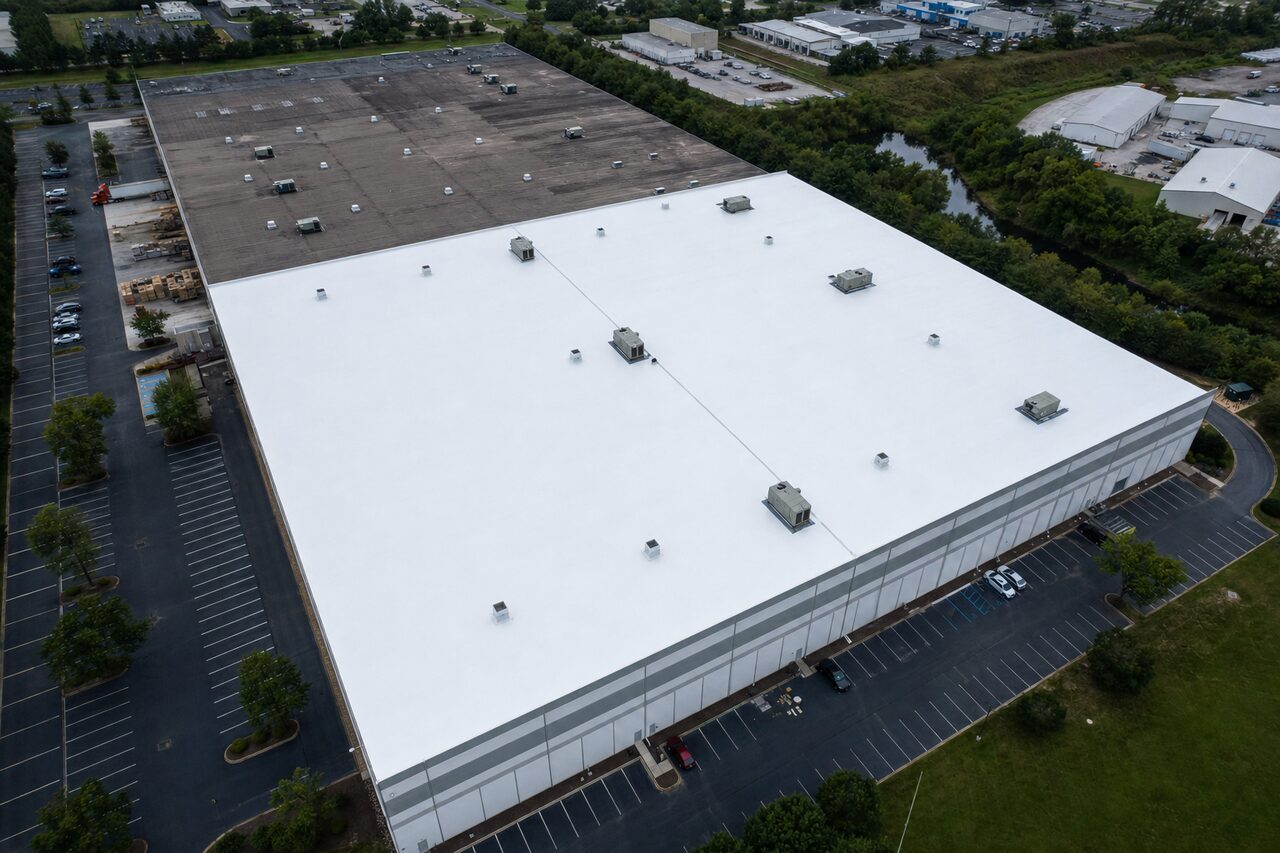 distribution center roof coating renewing an aged membrane without a tear-off
