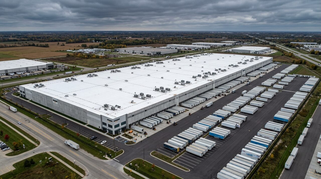 Aerial of an industrial roof coating on a distribution center with rows of dock doors