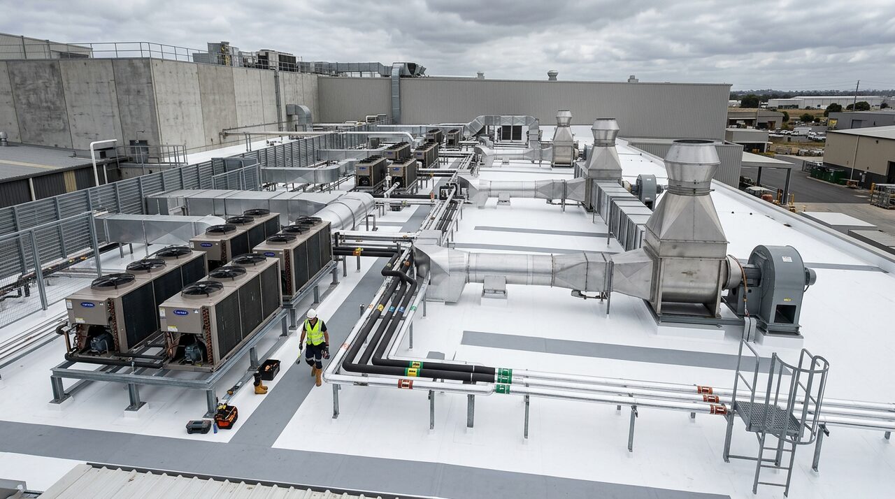 Industrial roof coating around refrigeration condensers on a food processing facility roof