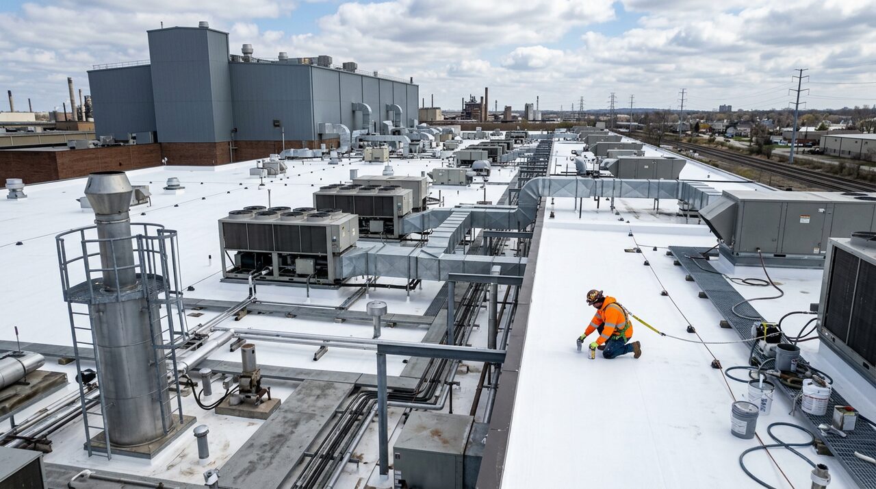 Industrial roof coating being applied on a manufacturing plant roof around rooftop process equipment