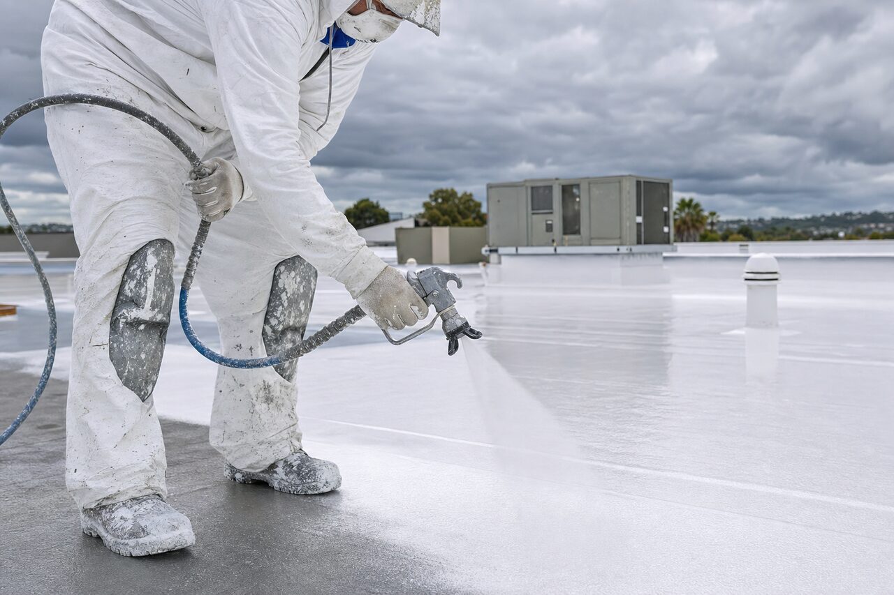 industrial modified bitumen roof coating sprayed into a seamless reflective field coat