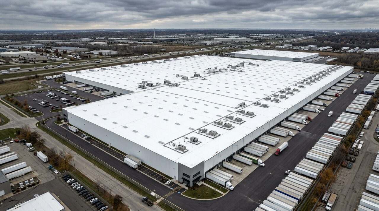 Industrial roof coating on a massive warehouse with a white reflective membrane and truck docks